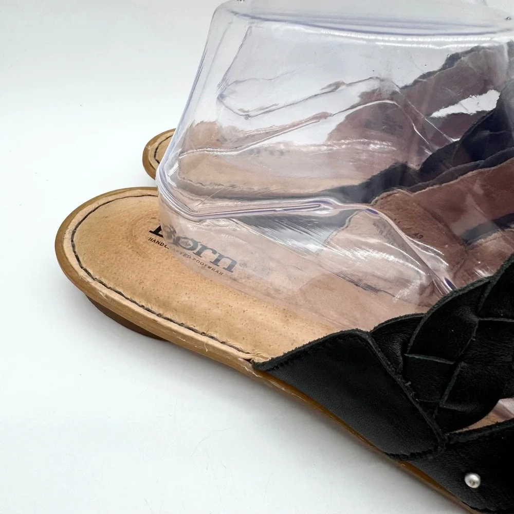 Born Braided Strap Thong Sandals Slip On Flats Black Leather Size 11 Boho Casual